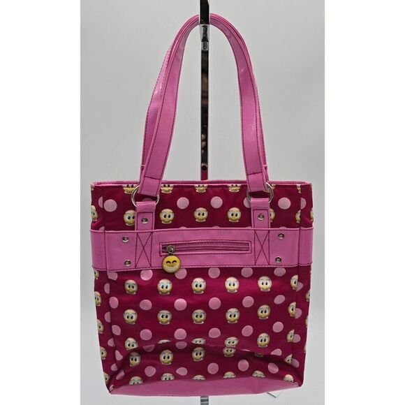 Pink Polka Dot Emoji Tote Bag With Smiley Charm - Picture 4 of 7